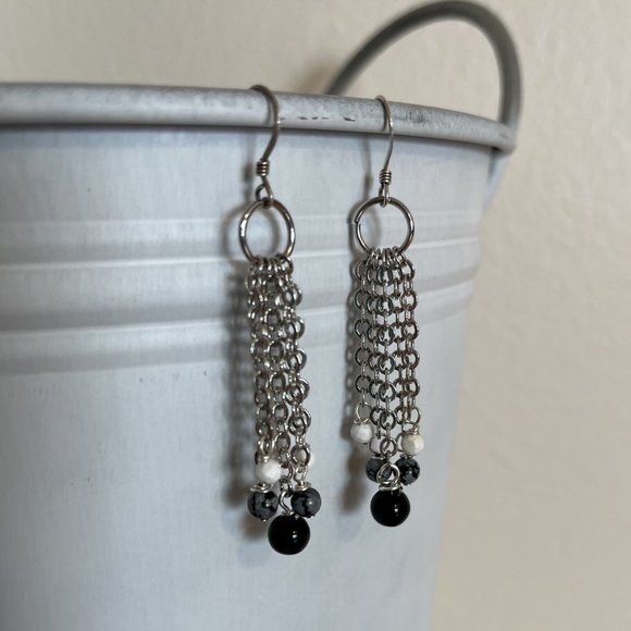 Obsidian and Howlite with Silver Chain Genuine Gemstone Earrings, Handmade - Picture 1 of 4